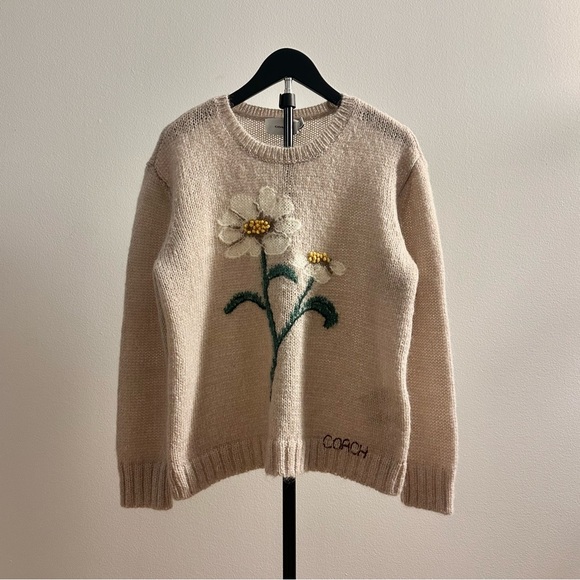 Coach Sweaters - Coach Daisy Embroidered Intarsia Beige Mohair Wool Crew Neck Sweater Size M